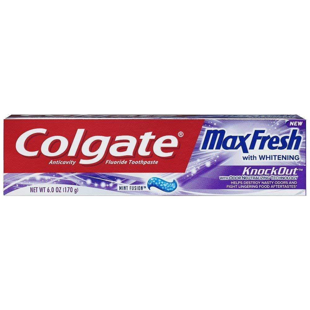 Packaging for Colgate MaxFresh KnockOut toothpaste 3-pack