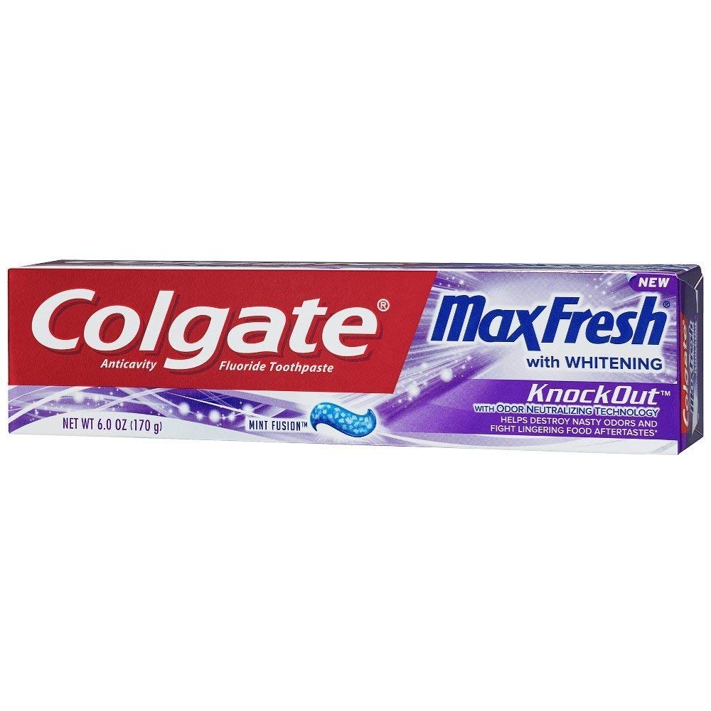 Close-up of Colgate MaxFresh KnockOut toothpaste with mint fusion texture