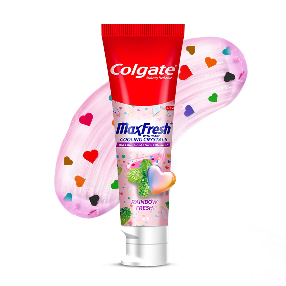 Tube of Colgate MaxFresh Rainbow Fresh Gel Toothpaste with rainbow heart-shaped cooling crystals