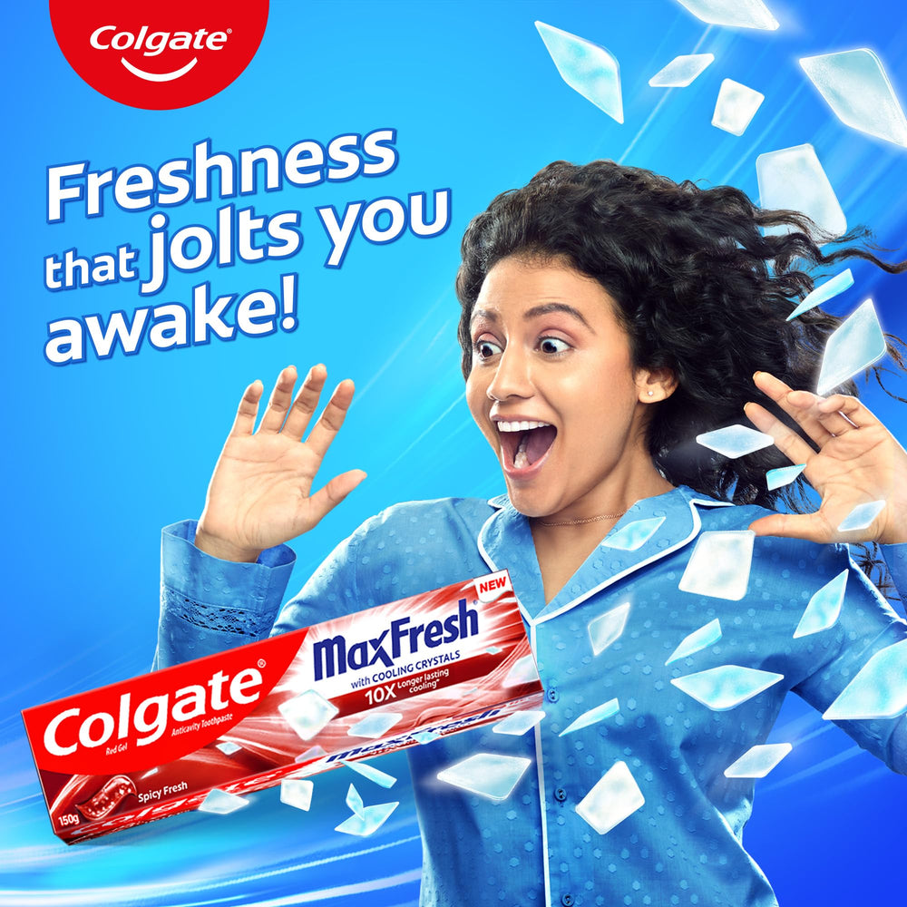 Back view of Colgate MaxFresh 150g tube with usage info
