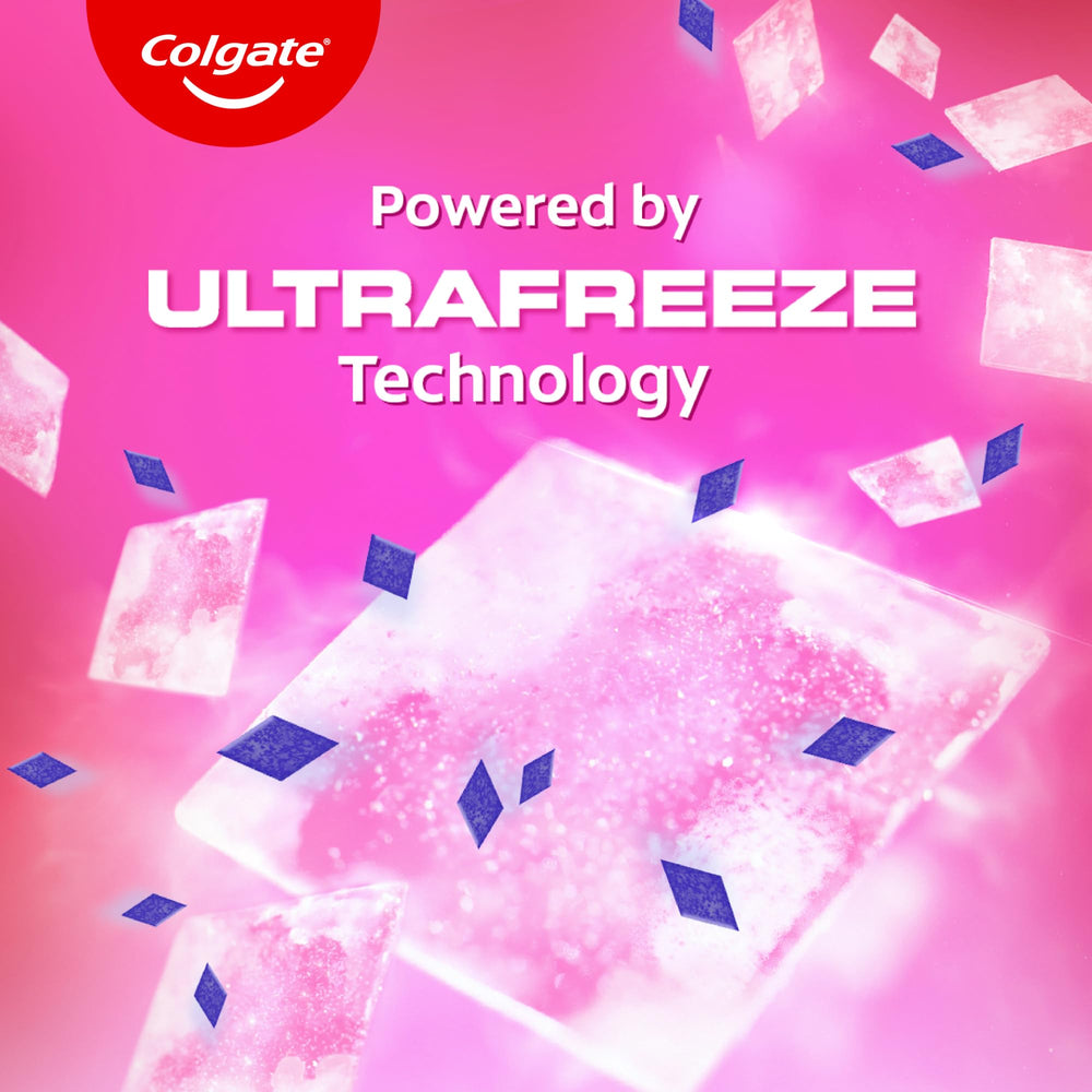 Close-up of blue cooling crystals in the toothpaste gel