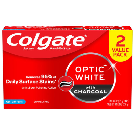 Two Colgate Optic White Charcoal toothpaste tubes in a 2 pack