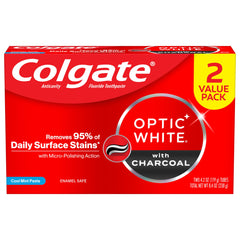 Two Colgate Optic White Charcoal toothpaste tubes in a 2 pack