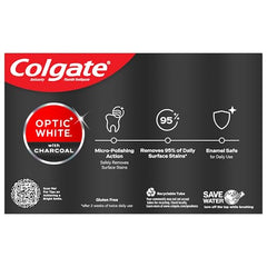 Colgate Optic White Charcoal pack displayed on a bathroom counter