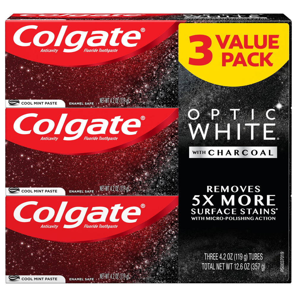 Three 4.2 oz tubes of Colgate Optic White with Charcoal Whitening Toothpaste in Cool Mint flavor