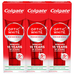 Three Colgate Optic White Renewal toothpaste tubes in a 3-pack, 3.0 oz each
