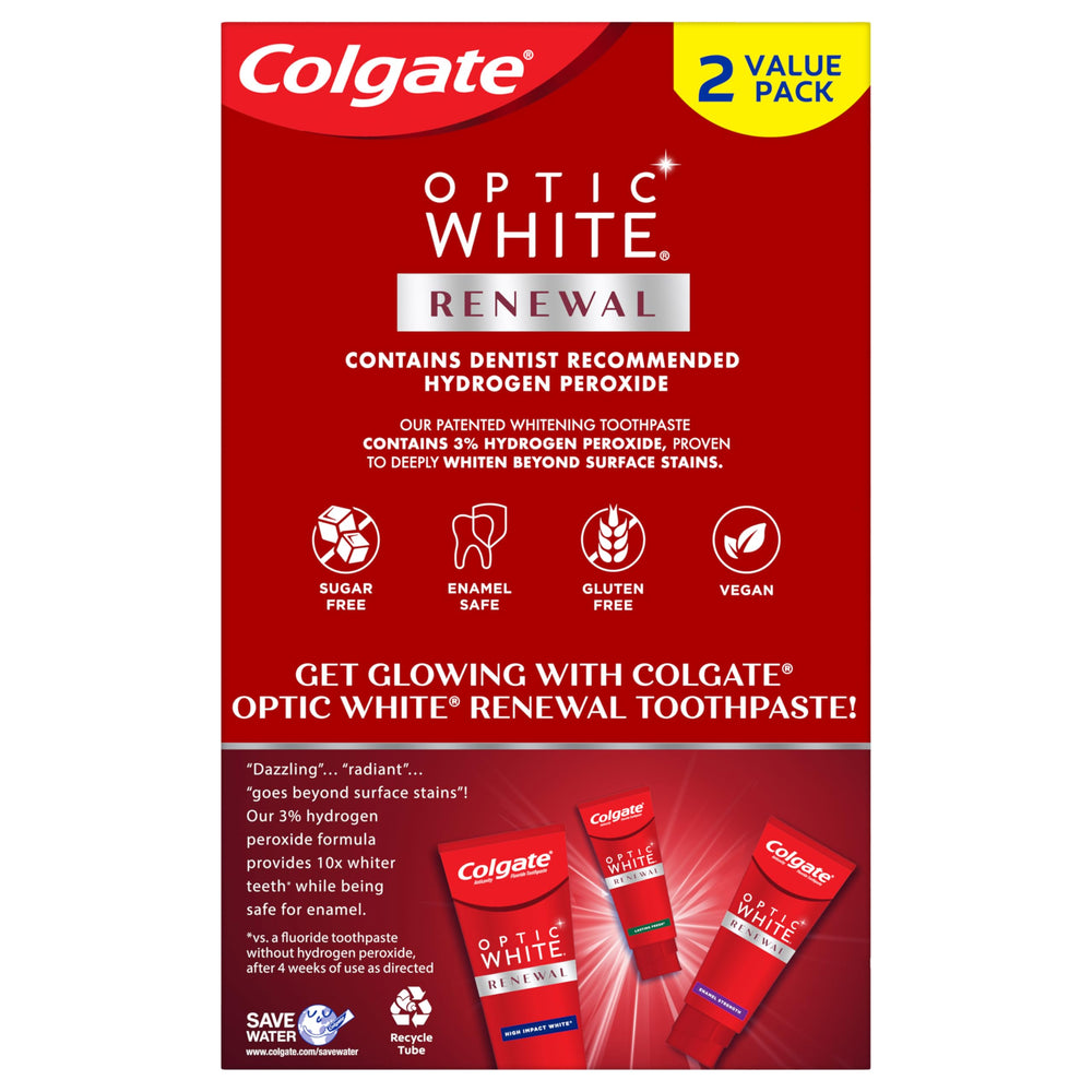 Colgate Optic White Renewal 2-pack packaging displayed on surface