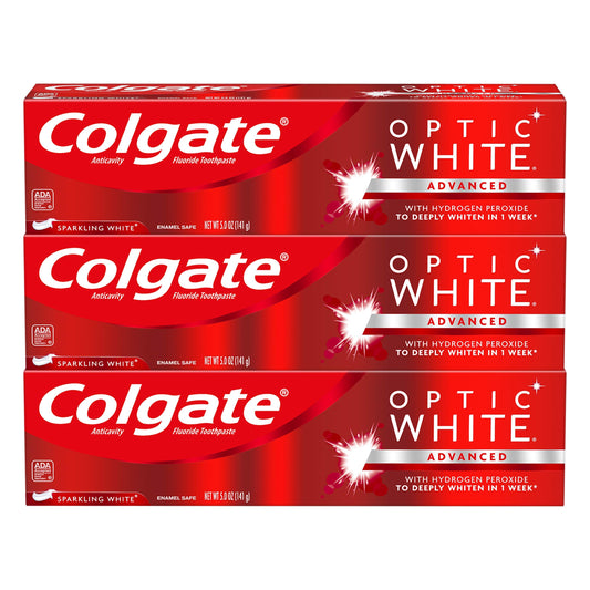 Colgate Optic White Sparkling Mint toothpaste 5 oz 2-pack box and tube
