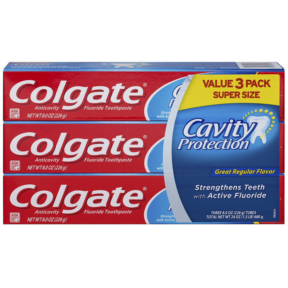 Front view of Colgate CDC SPR 8 oz toothpaste 3-count package