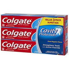 Close-up of active fluoride and label on Colgate toothpaste packaging