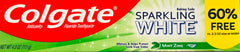 Close-up of Colgate Sparkling White Mint toothpaste tube