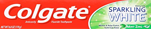 Close-up of Colgate Sparkling White Mint toothpaste tube in a 6-pack