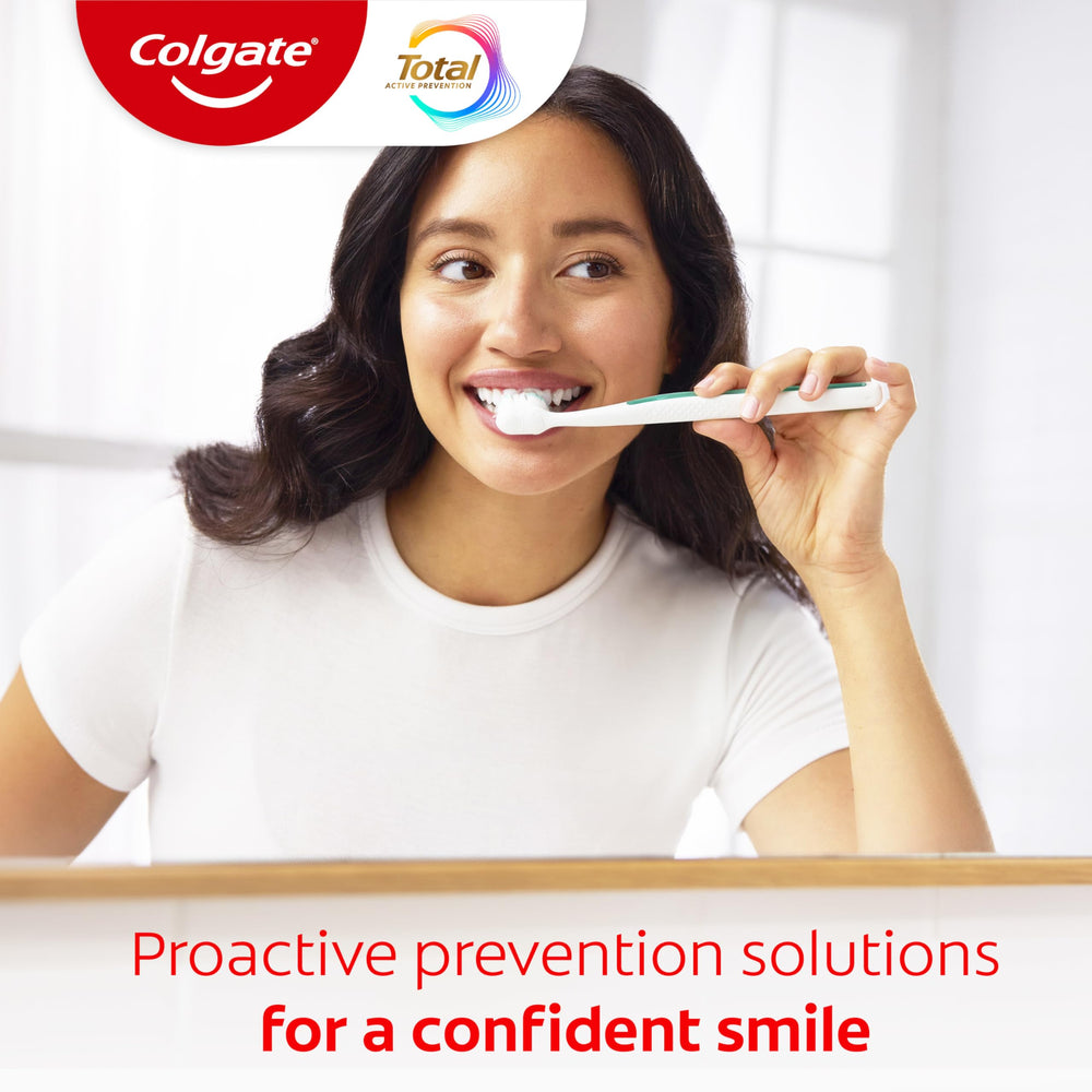 Back view of Colgate Total Active Prevention Clean Mint toothpaste 4-pack packaging