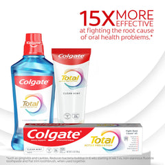 Front view of Colgate Total Active Prevention Clean Mint toothpaste 4-pack packaging