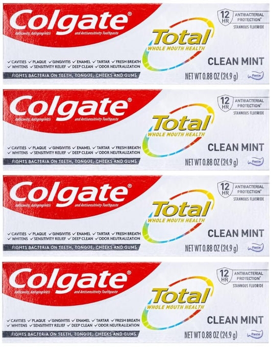 4-pack box of Colgate Total Clean Mint Toothpaste 0.88 oz each