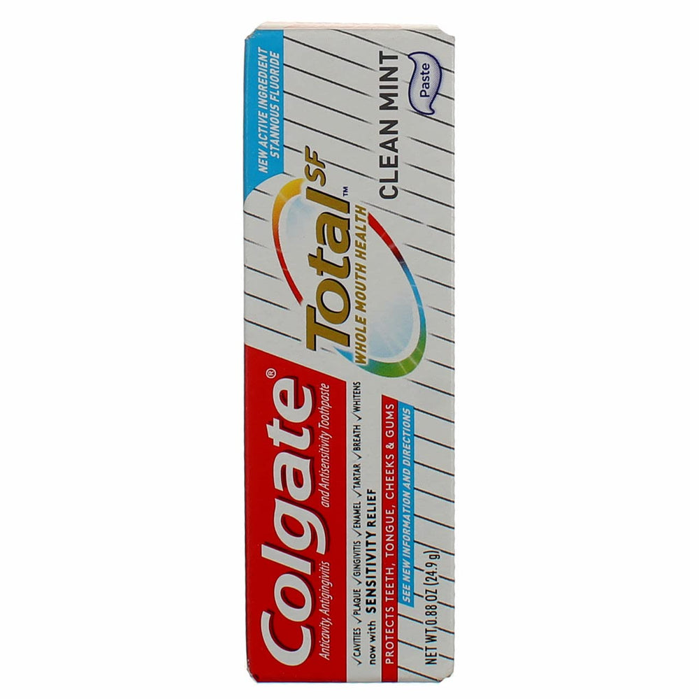 Colgate Total Clean Mint travel-size toothpaste tubes laid out for display