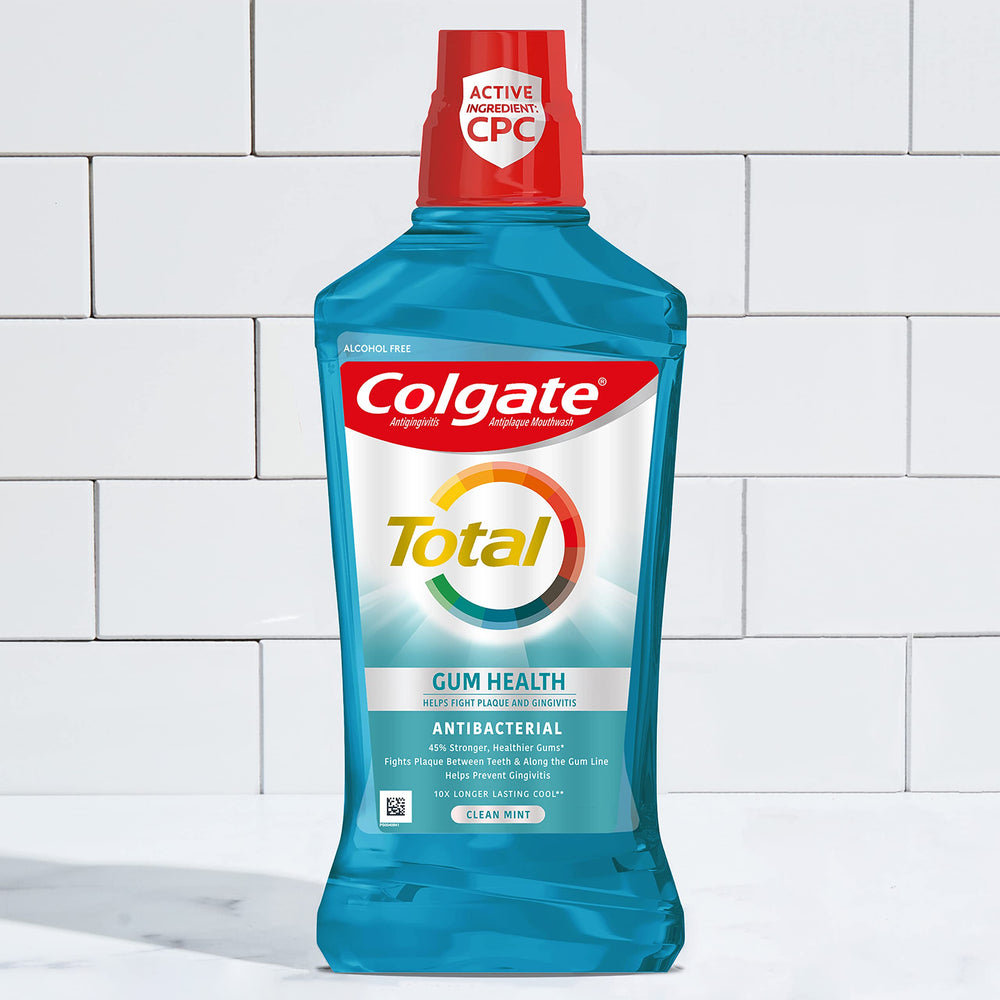 Side view of Colgate Total Gum Health Alcohol Free Mouthwash 1L bottle