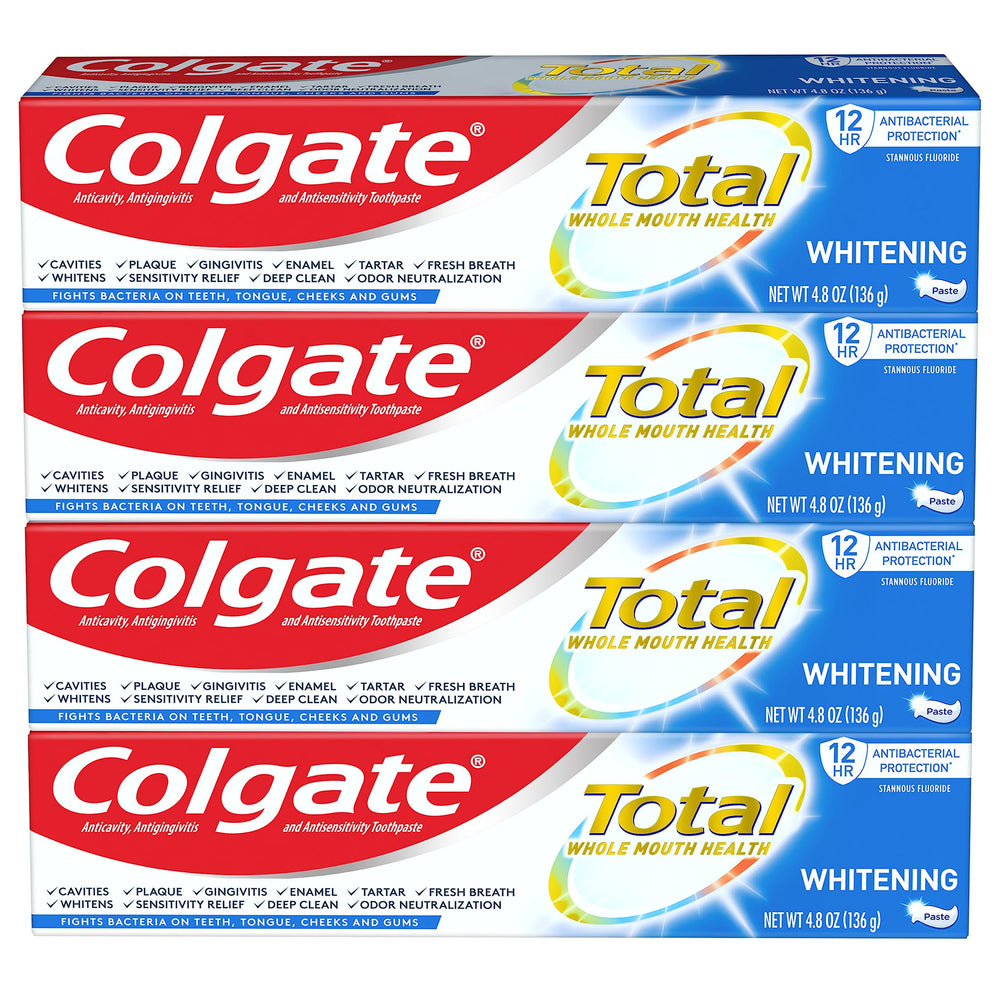 Colgate Total 4-pack toothpaste box on white background