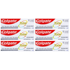 Six tubes of Colgate Total Toothpaste Clean Mint Travel Size 0.88 oz (24.9 g) - Pack of 6, front view