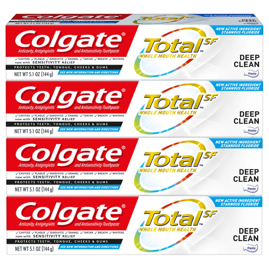 Front view of Colgate Total Deep Clean SF toothpaste 4-pack 5.1 oz tubes
