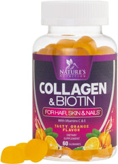 Bottle with collagen gummies label highlighting 2500mcg biotin, vitamin C, and zinc