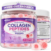 Multicolored collagen gummies bottle displaying 3000mg formula