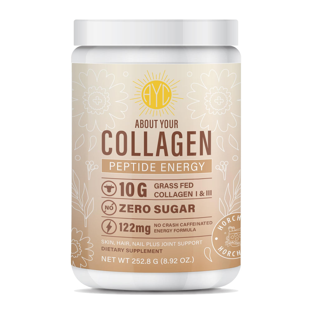 Front view of ABOUT YOUR COLLAGEN Peptide Energy Powder Horchata flavor 8.92 oz