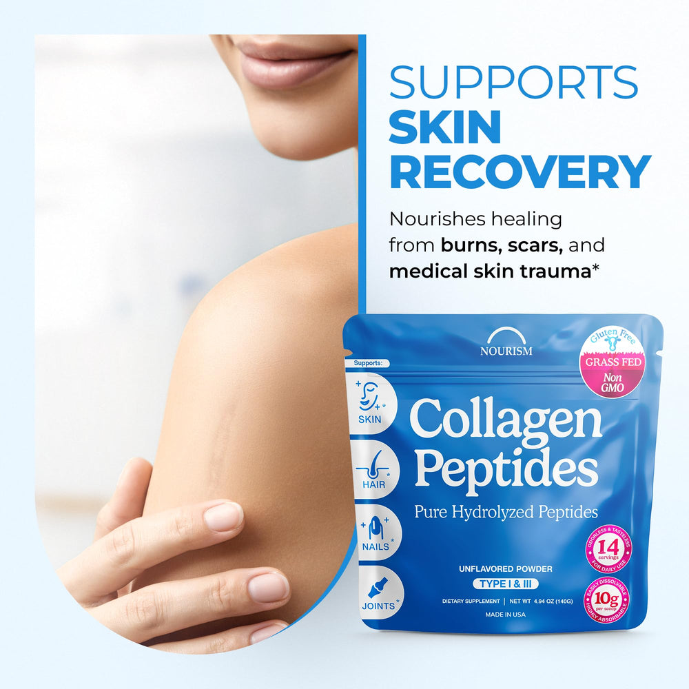 Collagen peptides powder on a kitchen counter with a scoop