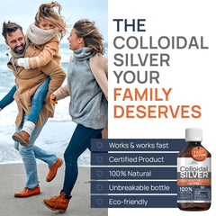 Colloidal silver bottle beside a glass of water