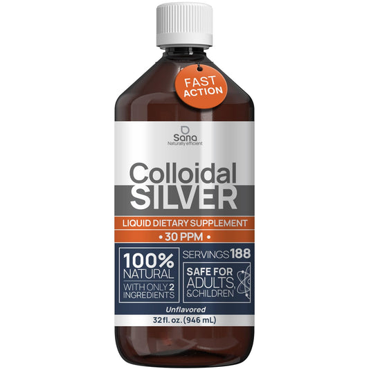 Bottle of Colloidal Silver Liquid 32 oz with 30 PPM label