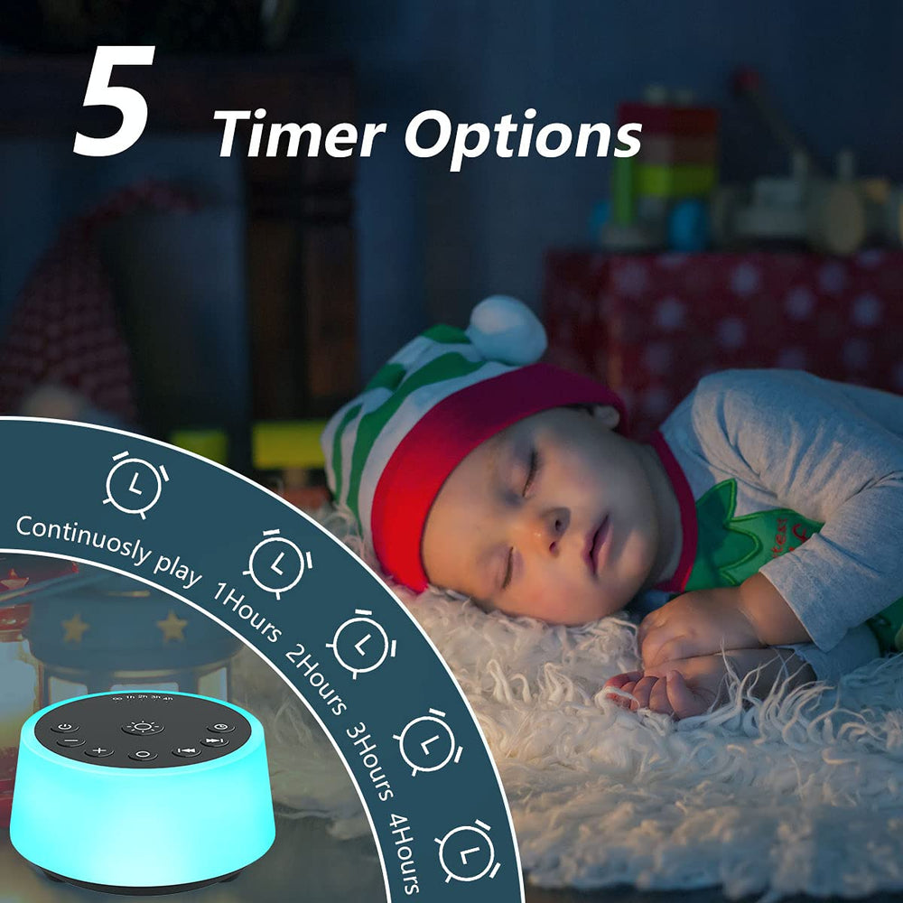 Color Noise sound machine with 5 timers for flexible playback schedules.