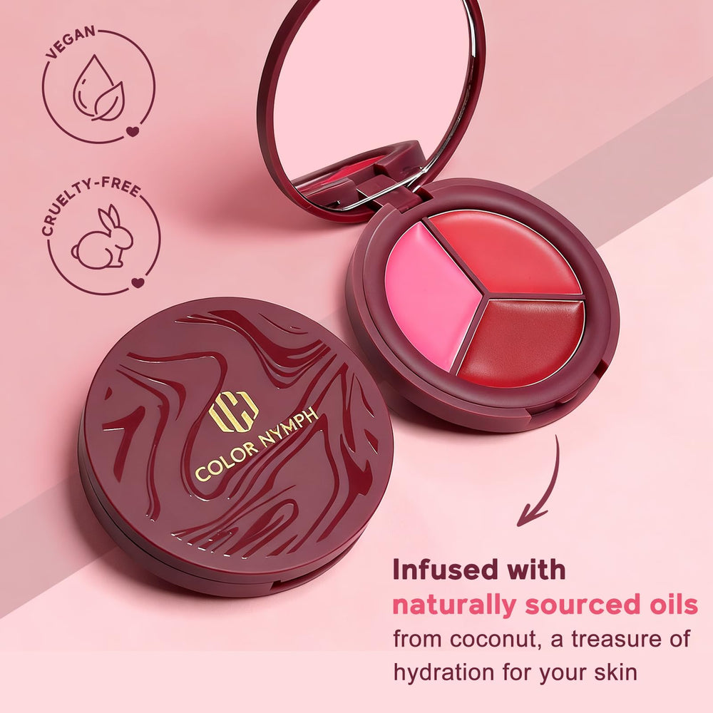 Color Nymph blush palette used as lip tint for subtle color and hydration.