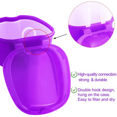 Portable denture bath case beside a toothbrush