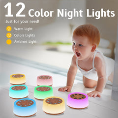 ColorsNoise 12-color night light with adjustable brightness for bedtime ambience.