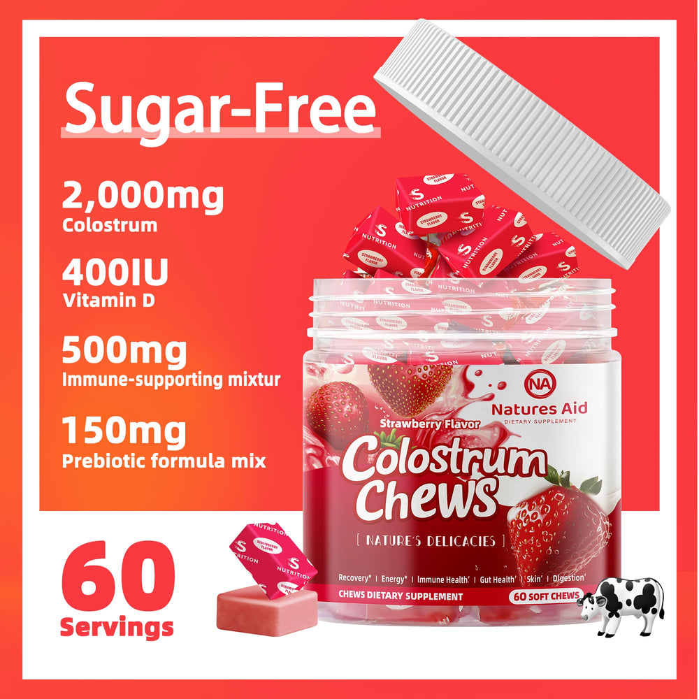 Nutrition facts panel for Colostrum Chews Strawberry flavor