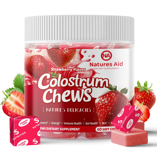 Front packaging of Colostrum Chews Strawberry flavor 60 servings