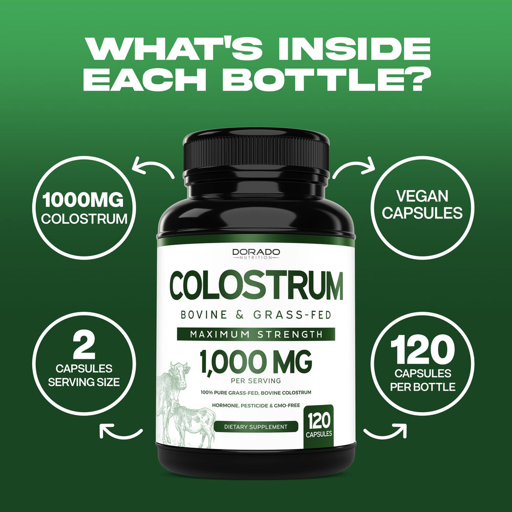 Label highlighting 20% IgG immunoglobulins in the Colostrum supplement.
