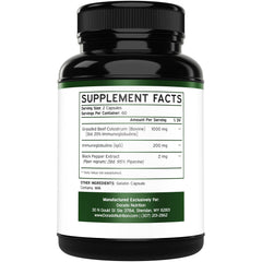 Colostrum supplement packaging back label with ingredients and nutrition facts.