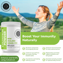 Colostrum powder packaging and scoop on a clean surface