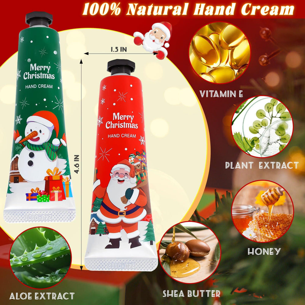 Close-up of festive patterns on Comdian hand creams