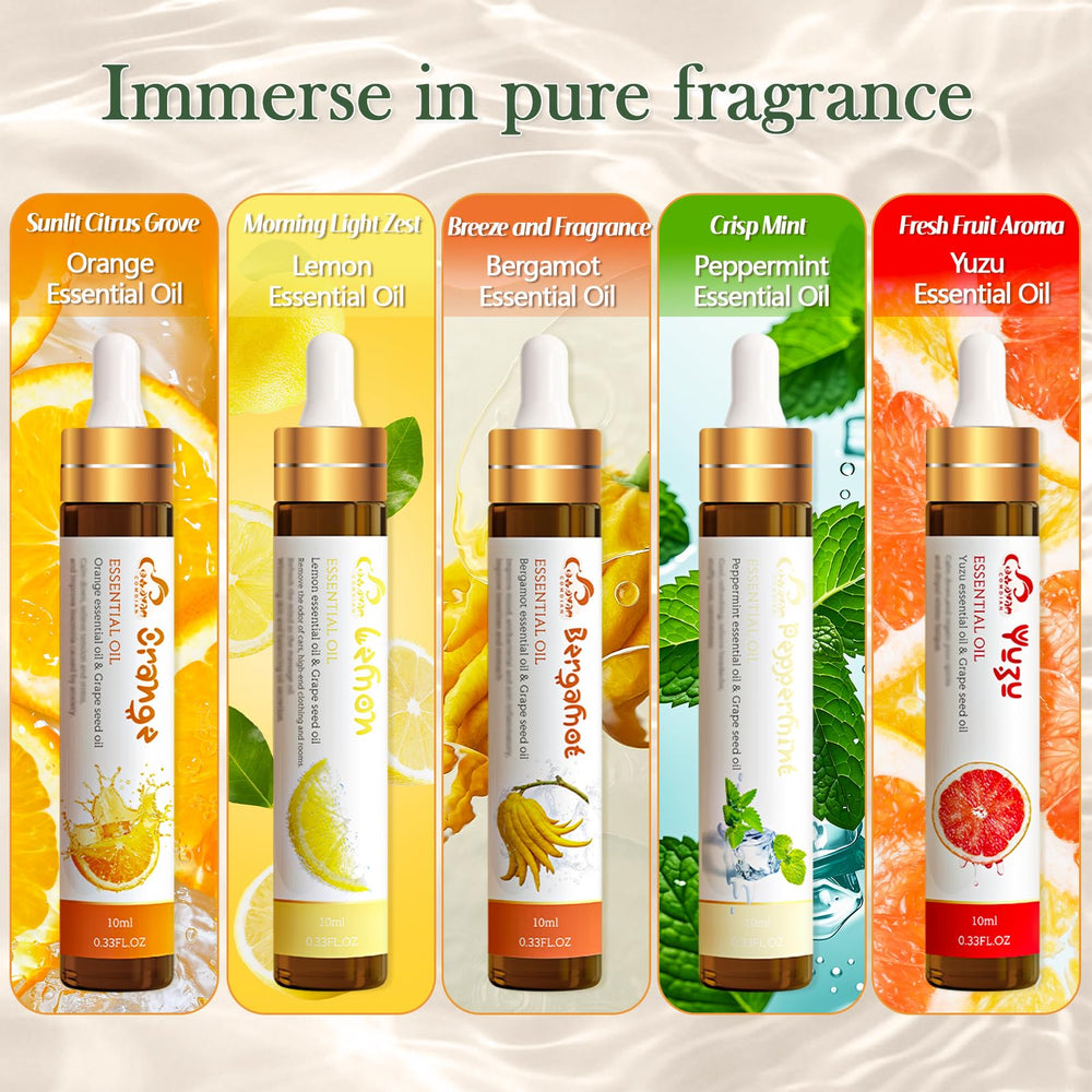 Five citrus essential oils: orange, yuzu, lemon, bergamot, peppermint