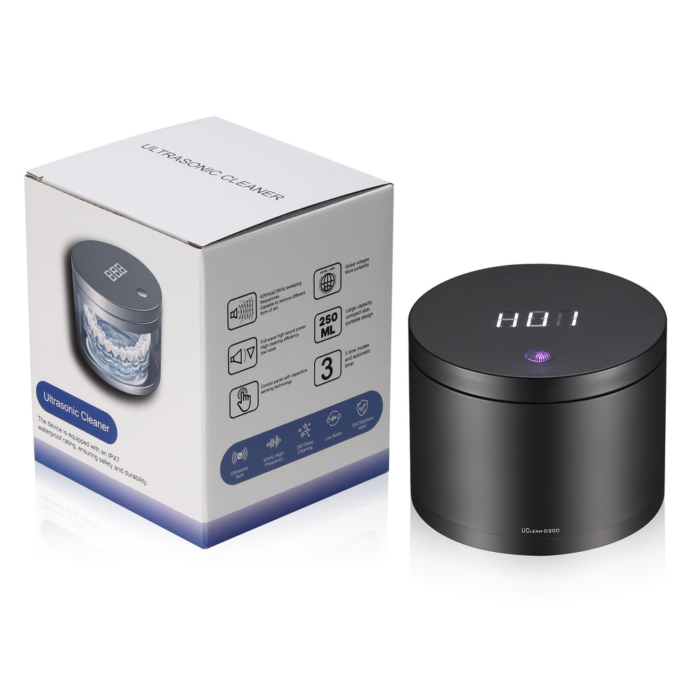 Compact 250ml ultrasonic cleaner ideal for jewelry, dentures, and watches