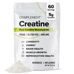 Complement Creatine Monohydrate Micronized powder being poured for quick energy support.