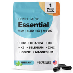 Label of Complement Essential Vegan Multivitamin showing 90 capsules and 30 servings