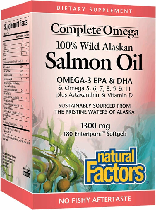 Bottle of Complete Omega Natural Factors Wild Alaskan Salmon Oil softgels