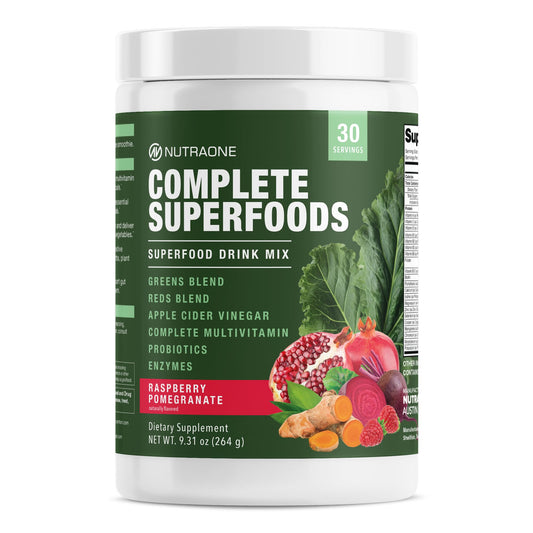 Bottle of Complete Superfoods Greens & Reds Blend with Raspberry Pomegranate flavor