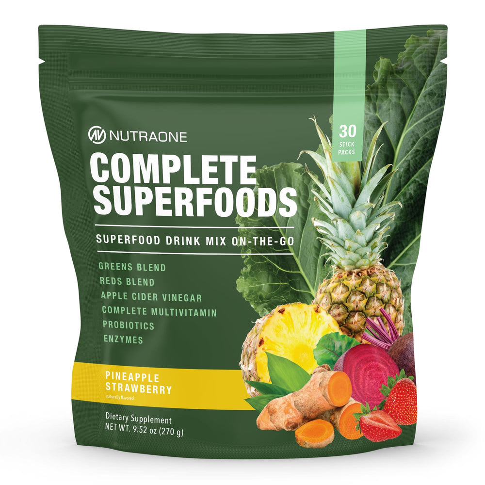 Front view of Complete Superfoods Pineapple Strawberry stick pack