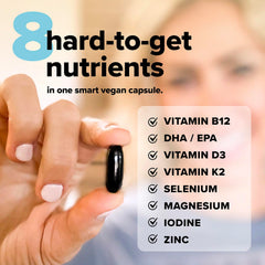 Packaging illustration of a complete vegan multivitamin formula