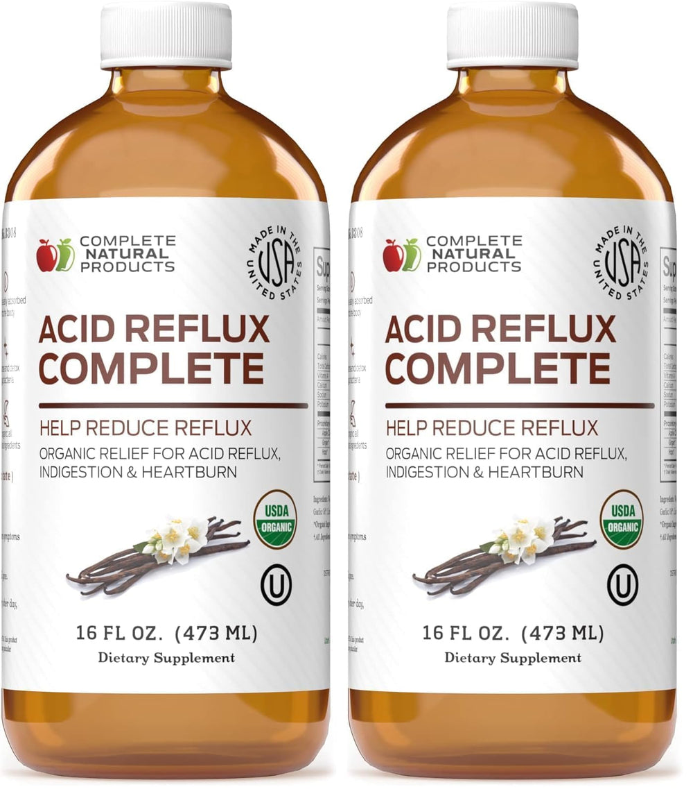 Complete Natural Products Acid Reflux Complete bottle highlights organic ingredients for natural heartburn relief.