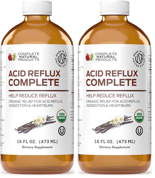 Complete Natural Products Acid Reflux Complete bottle highlights organic ingredients for natural heartburn relief.